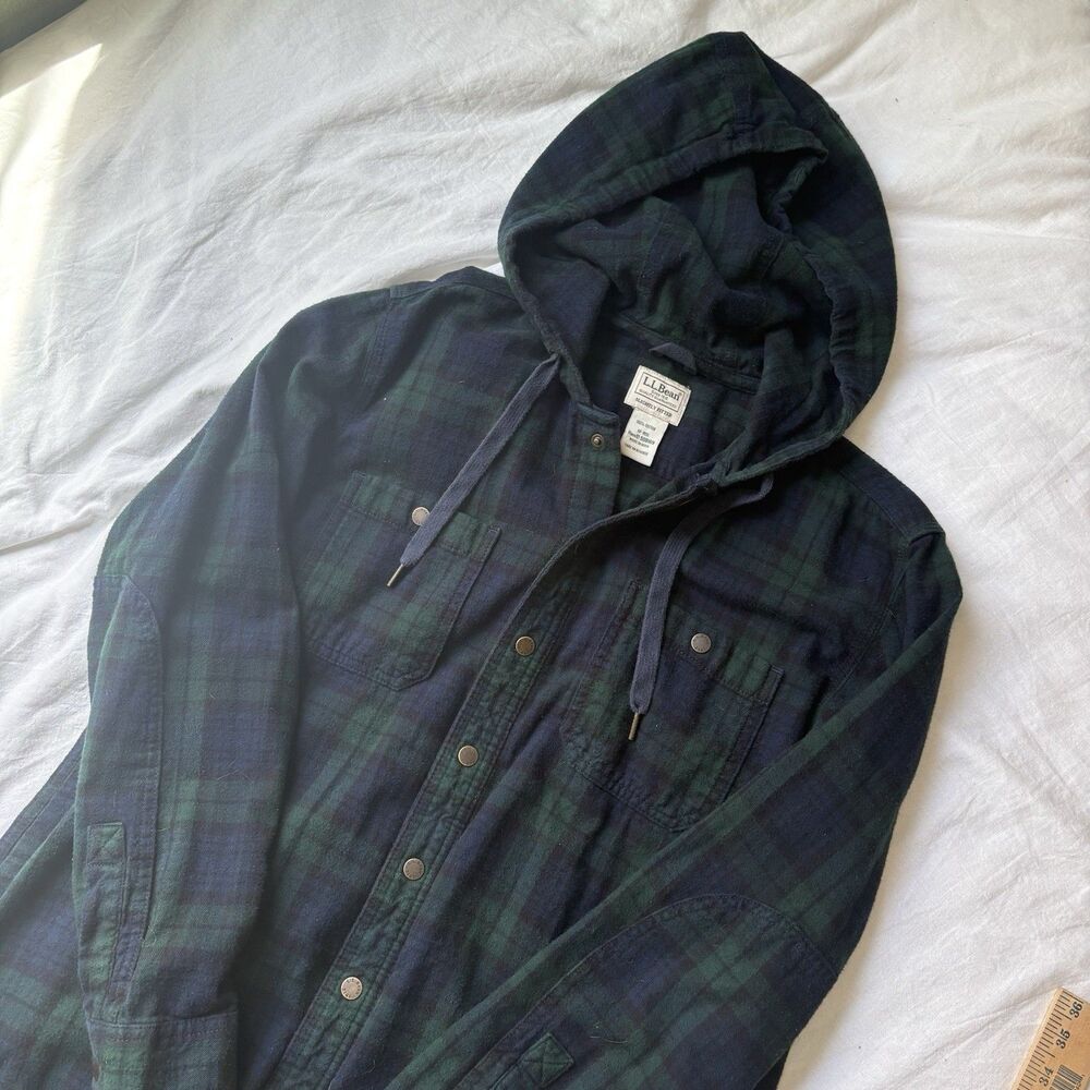 LL Bean Hooded Flannel Shirt Men Large Blue Plaid Snap Slightly Fitted Pockets